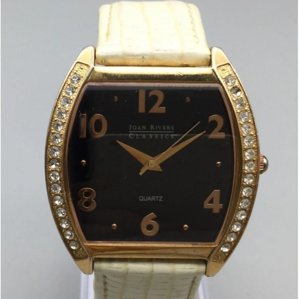Joan Rivers Womens Watch 41mm Black Dial Gold Case White Leather 4377